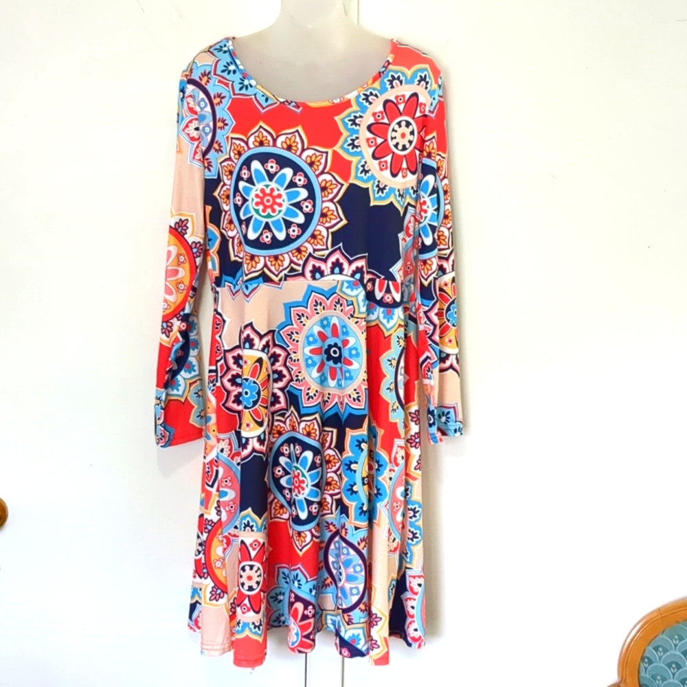 Long sleeve Colorful pattern Swing Dress Sz XL red, blue, green, white tan